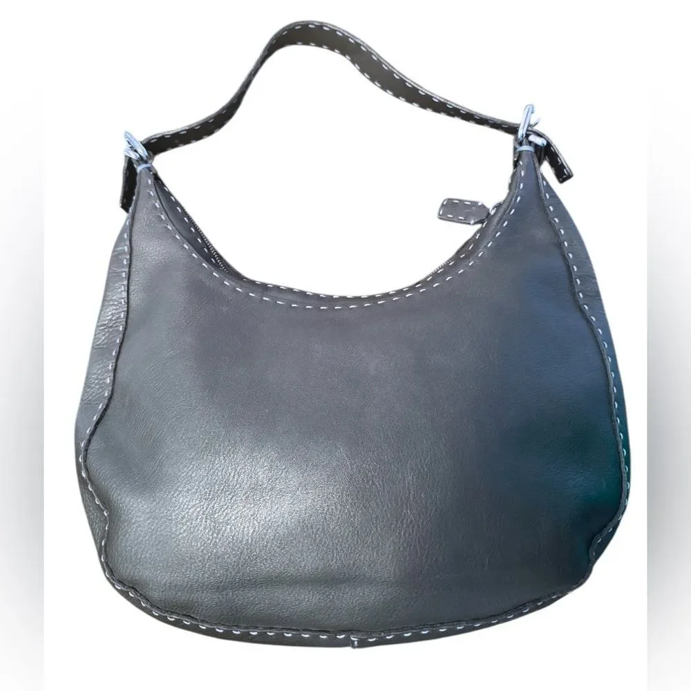 FENDI Midnight Navy Blue Selleria Leather Contrast White Top Stitching Hobo Bag